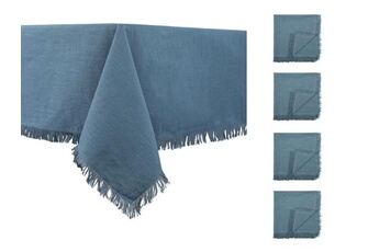 nappe de table vente-unique.com ensemble nappe + 4 serviettes de table à franges - coton - bleu - 140 x 240 cm - pola