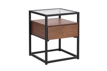 table d'appoint vente-unique.com table de chevet 1 tiroir - mdf, verre trempé et métal - naturel foncé et noir - camata