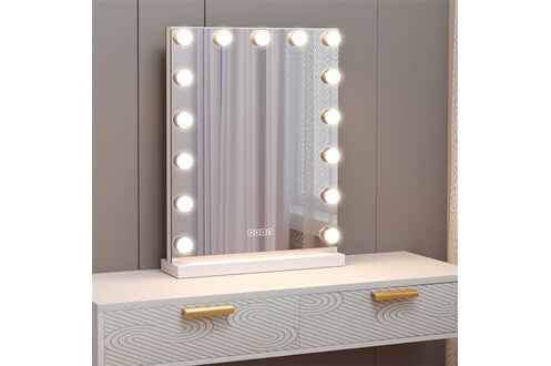 Miroir Fenchilin Miroir de Maquillage Bluetooth Hollywood AVEC LUMIÈRES 15  LED - DEBOUT 60CM BLANC