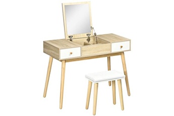coiffeuse homcom coiffeuse avec tabouret style scandinave - 2 tiroirs, compartiment porte miroir - panneaux aspect chêne clair blanc