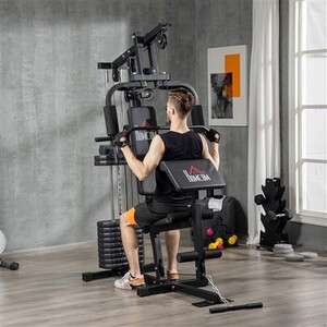HOMCOM Banc De Musculation Complet - Dossier Réglable, Cordes Traction, Supports Haltères Noir Jaune