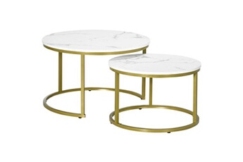 table basse homcom lot de 2 tables basses gigognes rondes style art déco - acier doré panneaux aspect marbre blanc