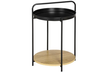 table basse homcom table d'appoint guéridon bout de canapé design néo-rétro plateau étagère amovibles acier noir aspect chêne clair