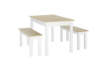 table de cuisine homcom ensemble table à manger 3 pièces - 2 bancs encastrables, grande table 4-6 personnes - blanc aspect bois clair