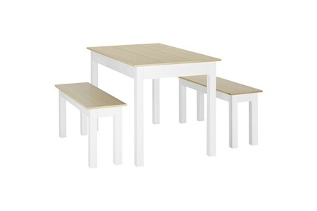 Table de cuisine Homcom Ensemble table à manger 3 pièces - 2 bancs encastrables, grande table 4-6 personnes - blanc aspect bois clair