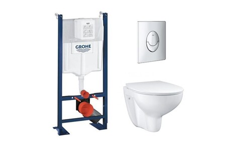 WC suspendu Grohe Pack WC sans bride Bau Ceramic avec abattant + Bâti support WC Rapid SL + plaque de commande chromée Start