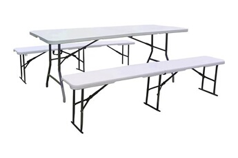 ensemble table de jardin pliante + 2 bancs pliants foldy - blanc