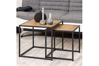 table basse maison et styles lot de 2 tables gigognes 50 et 40 cm décor chêne et métal noir - fynca