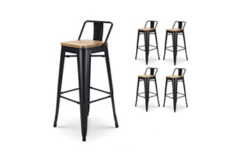 - lot de 4 tabourets de bar en métal noir mat style industriel avec dossier et assise en bois clair - hauteur 76 cm