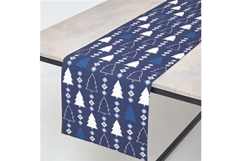chemin de table homescapes chemin de table de noël sapins bleu en coton, 35 x 180 cm