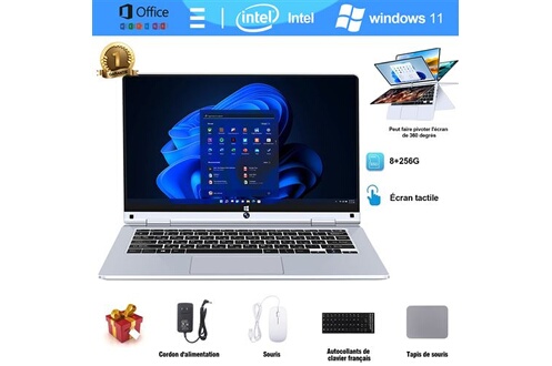 PC portable Wuxian PC Portable 11.6Intel+8Go RAM+SSD 256Go+Windows11+Wi-Fi+Bluetooth+écran  tactile+rotation 360°Ordinateur portable Tablette PC 2 en 1