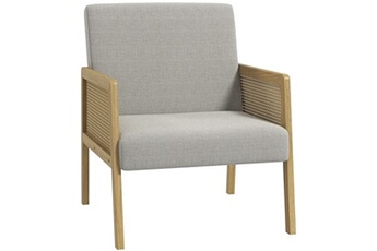 fauteuil de relaxation homcom fauteuil lounge - 2 coussins inclus - assise profonde - accoudoirs - structure bois hévéa rotin - tissu gris