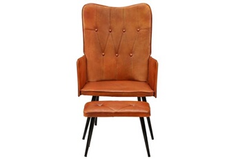 fauteuil de jardin vidaxl chaise à oreilles avec repose-pied brun roux cuir véritable