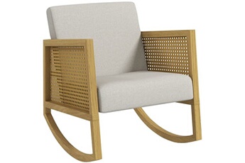 rocking chair homcom fauteuil lounge à bascule style bohème chic - accoudoirs structure bois hévéa rotin - tissu toucher lin gris clair