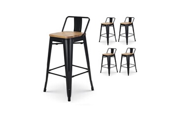 - lot de 4 tabourets de bar en métal noir mat style industriel avec dossier et assise en bois clair - hauteur 66cm