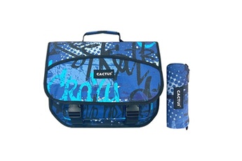 sac à dos bleu cerise cartable scolaire double compartiment & trousse offerte cactus sans roulettes bleu graffiti