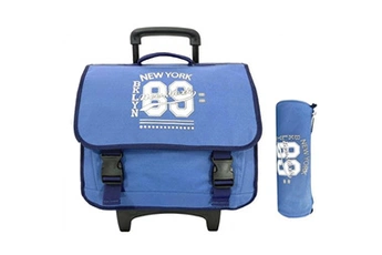 sac à dos bleu cerise cartable scolaire à roulettes & trousse offerte cactus bleu imprime