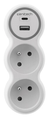 Biplite - ZENITECH - Boléa - 2x16A - Avec 2 ports USB A/C - Blanc/Gris - Bricolage Biplite - ZENITECH - Boléa - 2x16A - Avec 2 ports USB A/C - Blanc/Gris - Bricolage