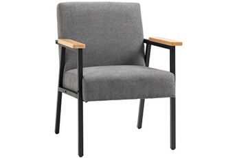 fauteuil de relaxation homcom fauteuil lounge style néo-rétro structure acier noir accoudoirs bois hévéa revêtement tissu aspect lin gris
