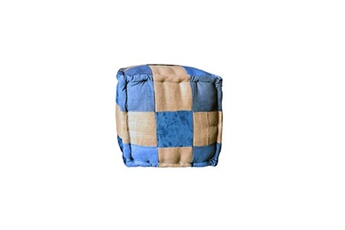 pouf meubletmoi pouf carré en patchwork de tissu jeans bleu et beige effet usé - denim