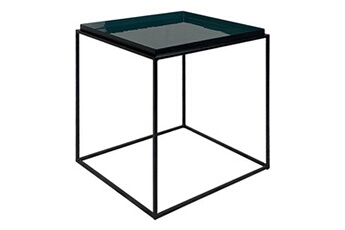 table d'appoint meubletmoi table d'appoint carré métal noir avec plateau émaillé bleu - azul 8783