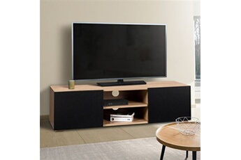 meubles tv id market meuble tv eli bois façon hêtre portes noires 113 cm