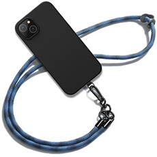 Coque Cordon pour iPhone 14 Plus - Silicone Noir Antichoc avec Cordon Amovible Bleu -