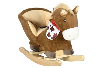jouet à bascule homcom cheval à bascule cowboy siège grand confort intégré avec ceinture bandanas effet sonore bois peluche marron