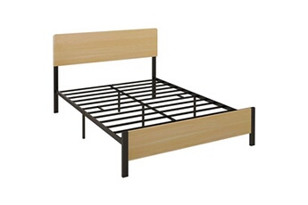 lit double design industriel - tête de lit, pied de lit et sommier - compatible matelas 190l x 140l cm - acier noir aspect bois clair