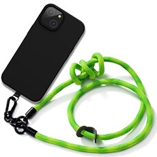 Coque Cordon pour iPhone 14 Silicone Antichoc Noir avec Cordon Robuste Vert -