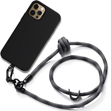 Coque Cordon pour iPhone 12 Pro Max - Silicone Antichoc Noir avec Cordon Robuste Gris -