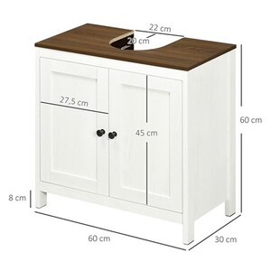 Meuble Salle De Bain Sous Lavabo Kleankin - Style Cosy Chic Bambou, Placard 2 Portes Avec Étagère, Blanc 60x30x60,5 Cm