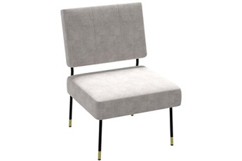 fauteuil lounge design néo-rétro structure piètement métal noir extrémité dorée revêtement velours gris clair