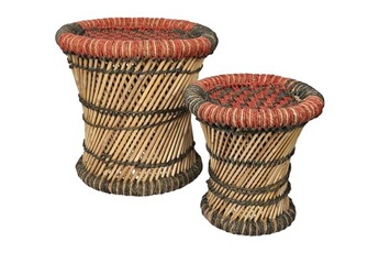 pouf vente-unique.com ensemble de 2 poufs rond en rotin naturel clair et rouge mirtaka