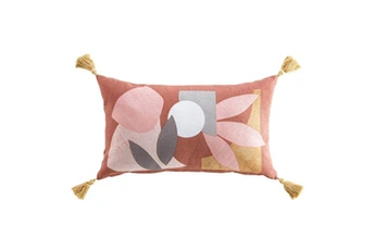 coussin déhoussable en coton imprimé nature avec pompons - multicolore - 30 x 50 cm