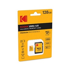 Kodak carte microSD avec adaptateur 128Gb. class 10 UHS1 Video class 10 (V10). Up to 25MB/s write speed / 85MB/s read speed.