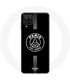 Coque Samsung Galaxy A12 psg logo jordan gris fond noir