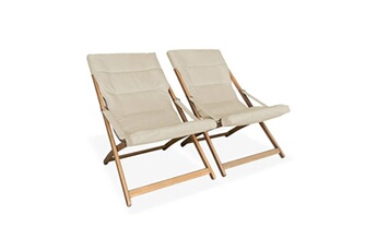 chaise longue - transat sweeek lot de 2 chiliennes beige en bois pliables assise rembourrée