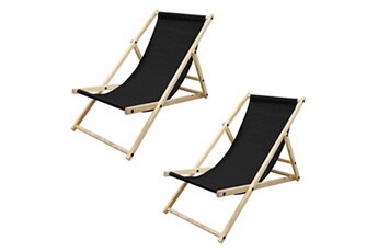 chaise longue - transat ecd germany set 2x chaises longue pliante bois de pin, noir, 120kg, dossier réglable à 3