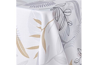 nappe de table douceur d'interieur nappe antitache rectangulaire - 150x240 cm - feuillage beige, gris et blanc blanc