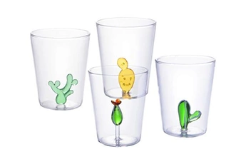 verrerie vente-unique.com lot de 4 verres avec cactus - transparent et vert - d.8 x h. 10 cm - puntia