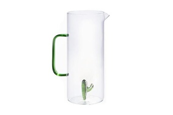 verrerie vente-unique.com pichet en verre avec cactus - transparent et vert - d. 14.5 x h.24 cm - olata