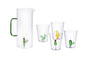 verrerie vente-unique.com pichet + lot de 4 verres avec cactus - puntia