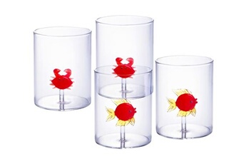 verrerie vente-unique.com lot de 4 verres animaux - verre soufflé transparent et rouge - d.7.5 cm x h.9.5 cm - apuna