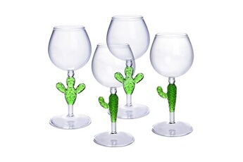 verrerie vente-unique.com lot de 4 verres à vin avec pieds cactus - transparent et vert - d. 8.5 x h . 19.5 cm - gellif