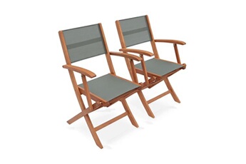 fauteuil de jardin sweeek fauteuils de jardin en bois et textilène - almeria savane - 2 fauteuils pliants en bois d'eucalyptus huilé et textilène