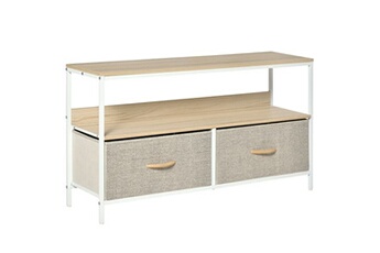 meuble tv bas sur pieds style industriel 2 tiroirs tissu gris acier mdf blanc bois clair
