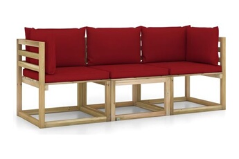 canapé de jardin meuble extérieur 3 places avec coussins rouge bordeaux 02_0013230