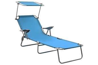 transat chaise longue bain de soleil lit de jardin terrasse meuble d'extérieur 188 cm avec auvent acier bleu 02_0012264