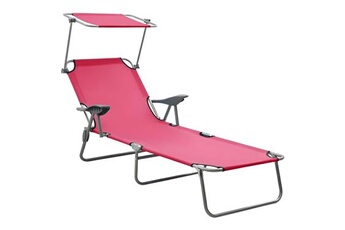 transat chaise longue bain de soleil lit de jardin terrasse meuble d'extérieur avec auvent acier rose 02_0012268